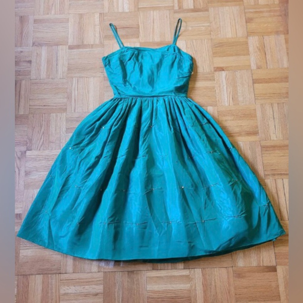 Vintage 1950's Silk taffeta dress blue/green Rhinestone & Crinoline US0P